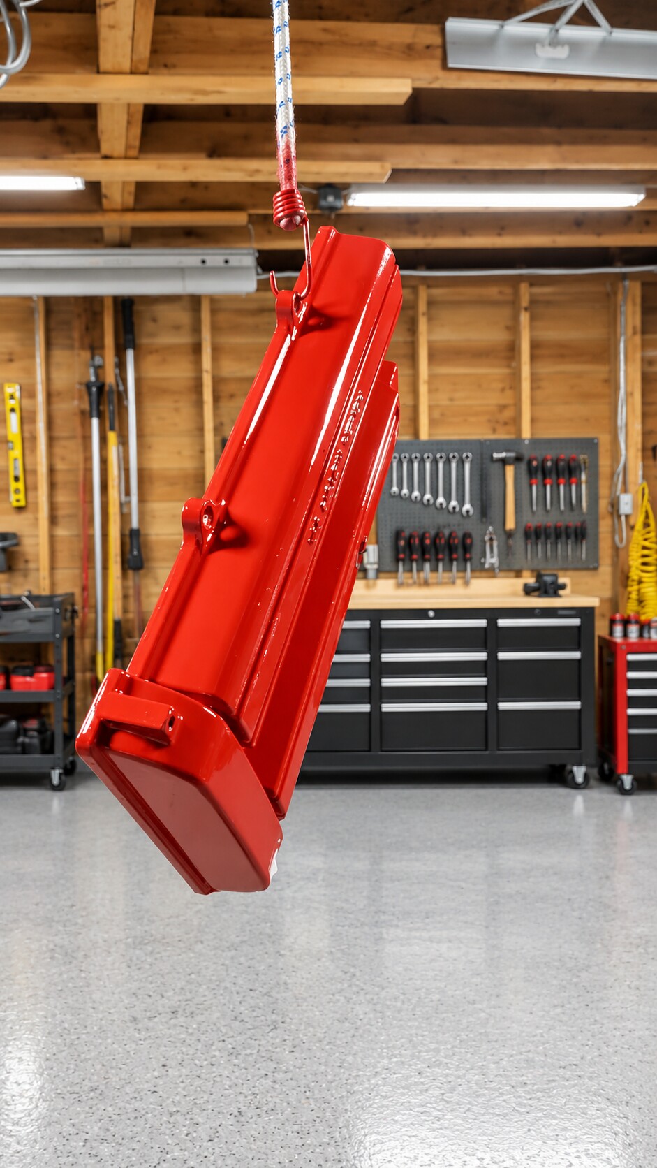 Gloss red automotive component freshly refinished in a professional workshop