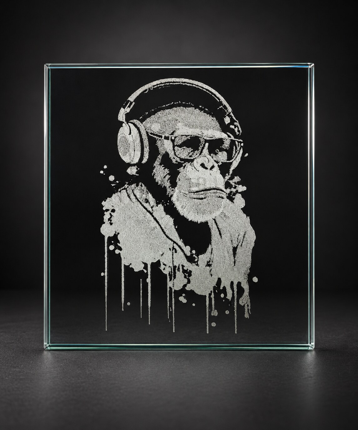 Headphone-wearing ape artwork laser engraved on a glass display panel