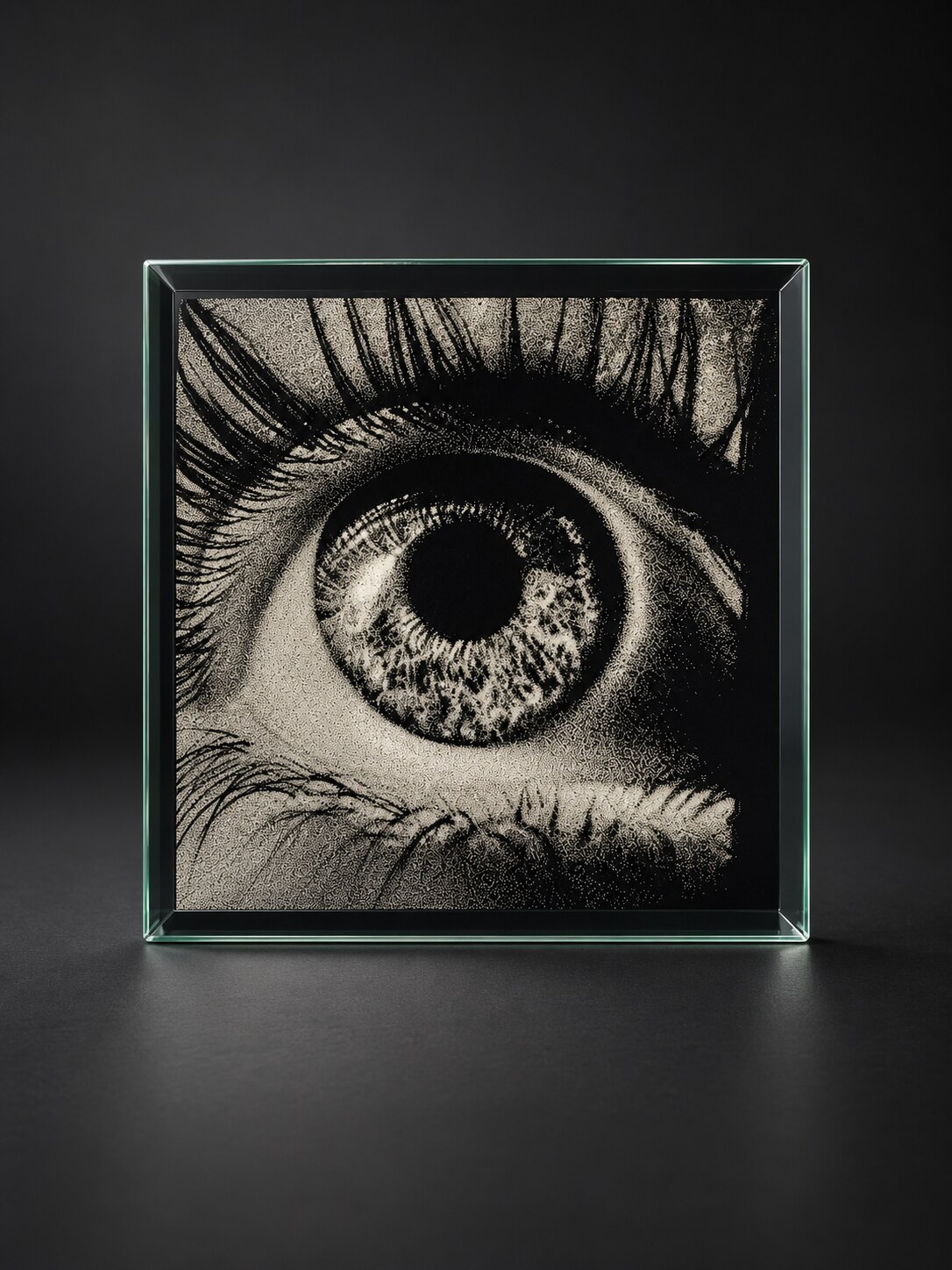 Detailed eye artwork laser engraved on a glass display panel