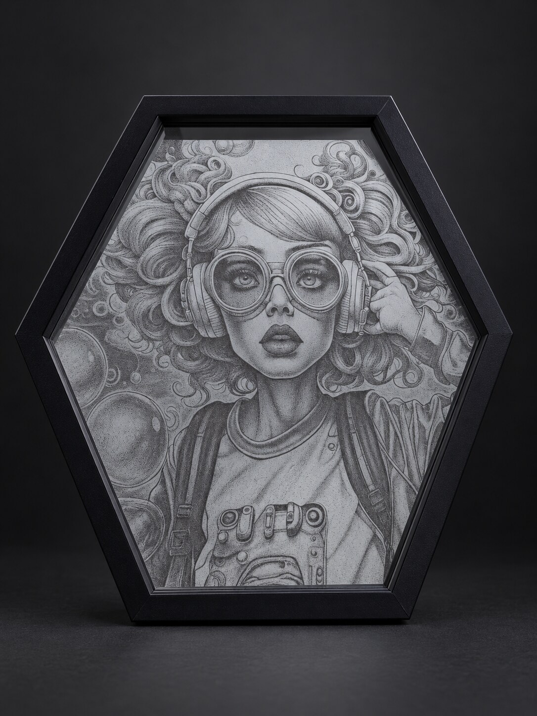 Woman wearing headphones artwork displayed in a coffin-shaped glass frame